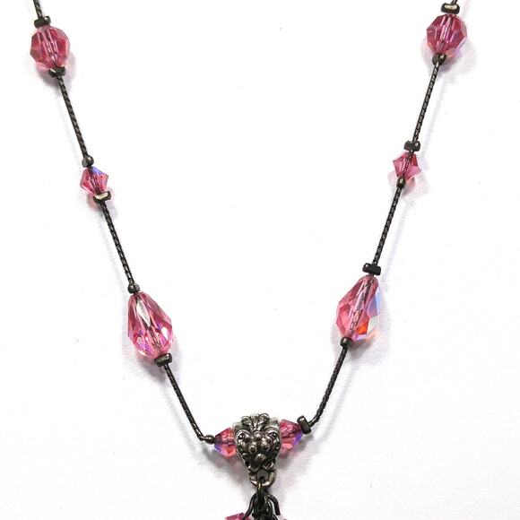 Dabby Reid Pink Swarovski Crystal Necklace, AB Beads, Dark Chain Vintage Jewelry - Picture 4 of 10